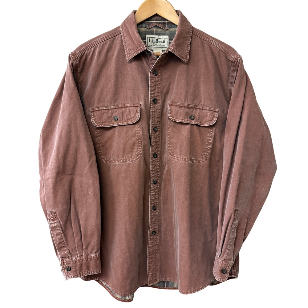 LL Bean Mens Brown Flannel Lined Canvas Shirt Shacket Cotton L Workwear Jacket